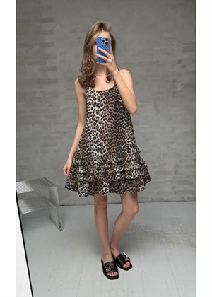 Printed cotton poplin U-neck mini kjole Leopard W0906 Ganni 